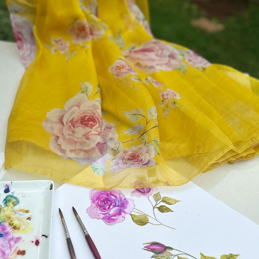 Made from the finest pure silk. Light, soft, and graceful, they showcase vibrant floral designs. Each fabric drapes easily and feels cool to the touch, bringing elegance and comfort in every fold.