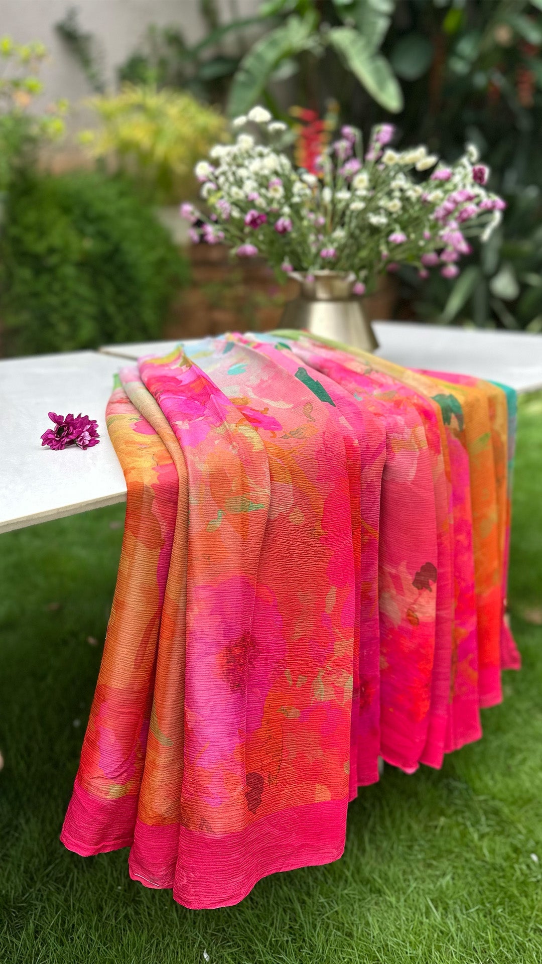 Pure silk chiffon, light as air, cool to touch with beautiful floral motif. Perfect for Indian summers.